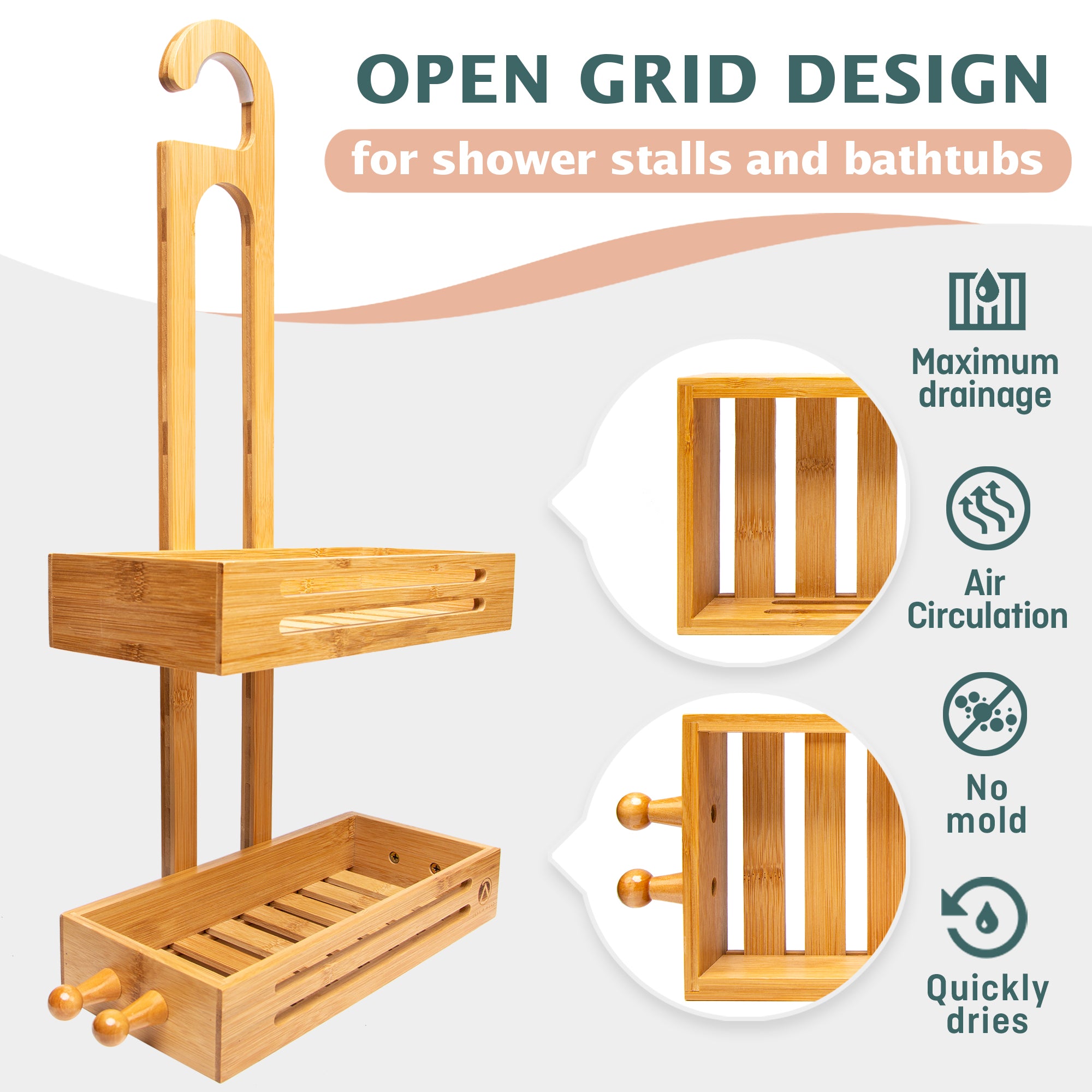 Bamboo Hanging Shower Caddy Rustproof Natural Bamboo 2 Level Storage  Organizer Waterproof & Anti Stain Over the Shower Head 27 X11 X 5 